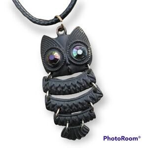 Black owl pendant necklace, waxed black cotton cord